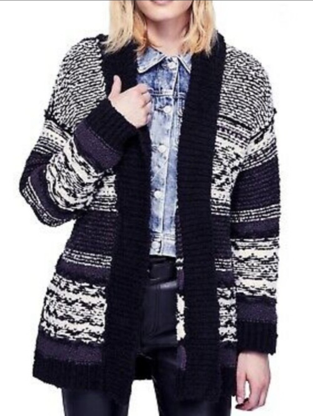 Free People Black White Patterned Knit Cardigan XS
